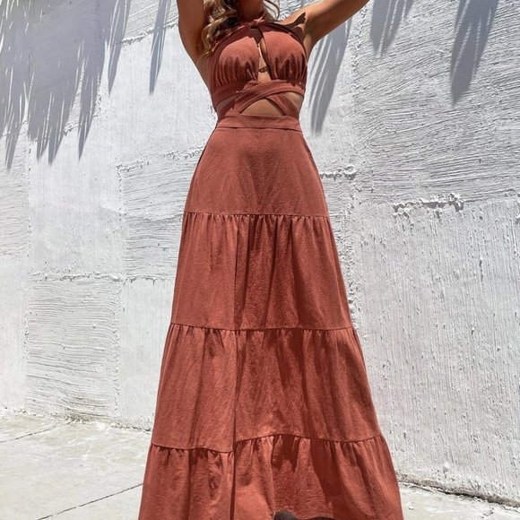 Burnt Orange Casual Womens Cut Out Crisscross Ruffle Hem Backless Halter Dress - Picture 5 of 5